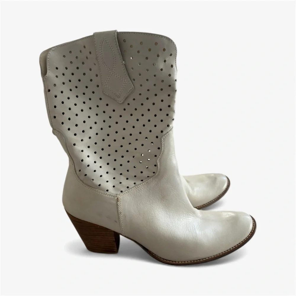White Perforated Leather Western Boots Stacked Heel - Picture 3 of 16